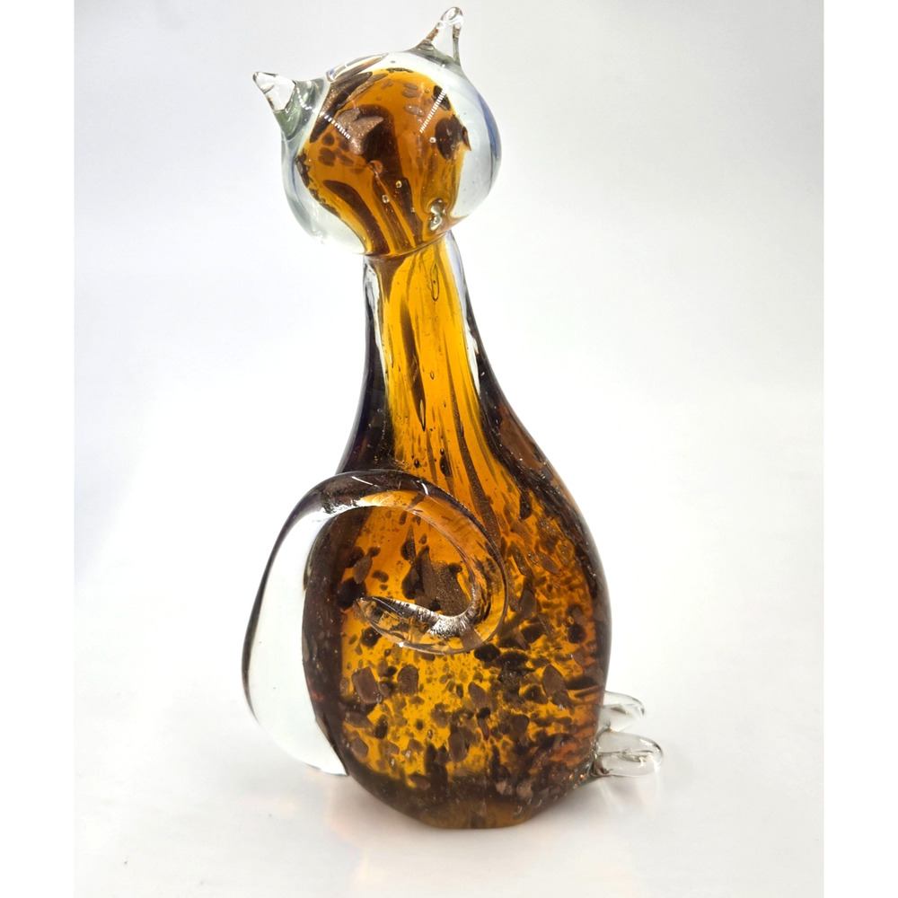 Lg 8" Murano Gold Flecks Glass Cat Figurine Mid Century MCM - STUNNING